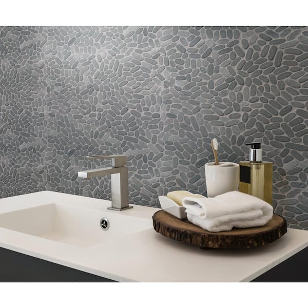 Sliced Pebble Coal 13 in. x 13 in. x 0.38 in. x 0.38 in. Tumbled Marble Mesh-Mounted Mosaic Tile (10 sq. ft./Case)
