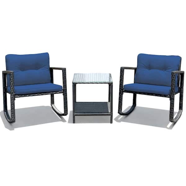 ANGELES HOME 3-Piece Rattan Patio Conversation Set with Rocking Chair, Glass Table Top and Navy Cushions