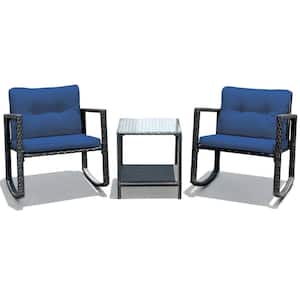 3-Piece Rattan Patio Conversation Set with Rocking Chair, Glass Table Top and Navy Cushions
