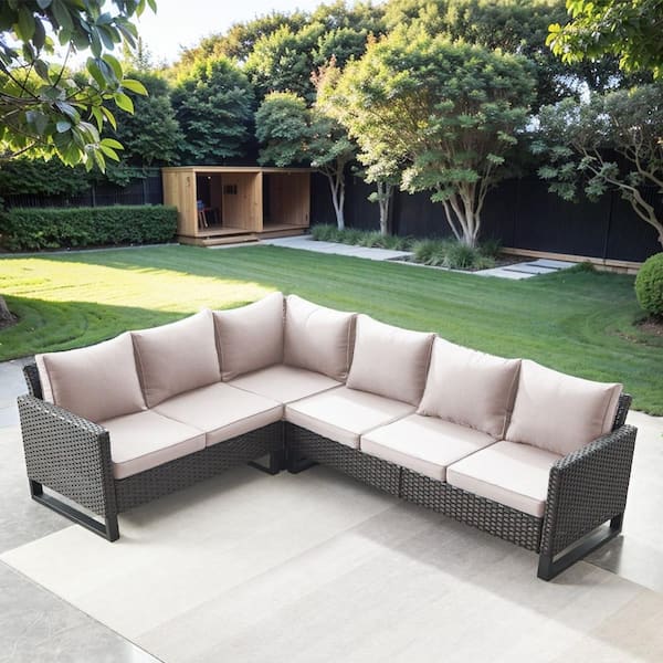 Gymojoy Valenta Brown Wicker Outdoor Sectional with Beige Cushions