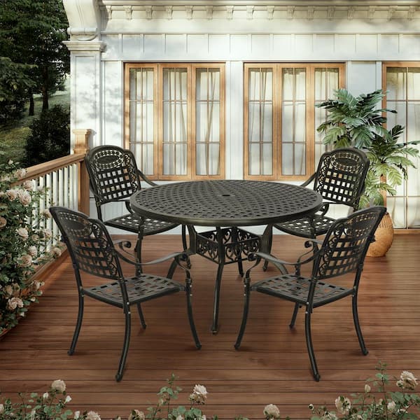 Clihome Bronze 5-Piece Cast Aluminum Patio Dining Set with Carved Pattern