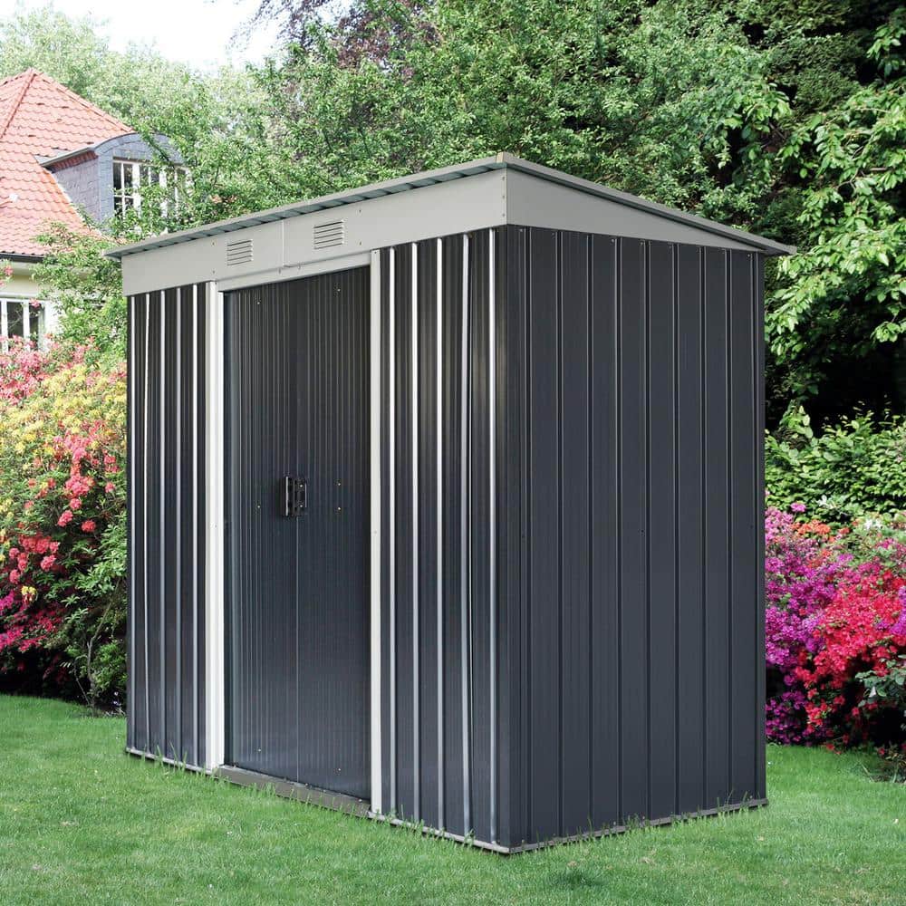 Gray and White Medium Metal Lean-to Storage Shed with Windows