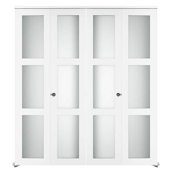 SOCBAZZAR 56 in. x 78 in. (Double 28 in. ) 3-Lite Frosted Glass Solid Core White MDF Closet Bi-Fold Door with Hardware Kit