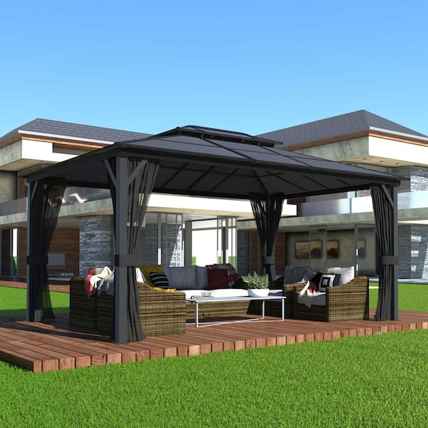 16 ft. W x 12 ft. D Aluminum Gazebo Polycarbonate Double Top Roof with Black Textilene Netting