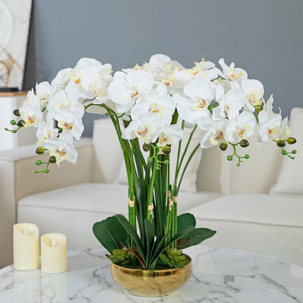 23.62" Tall White and Green Artificial Orchid Arrangement in Gold-Plated Ceramic Vase