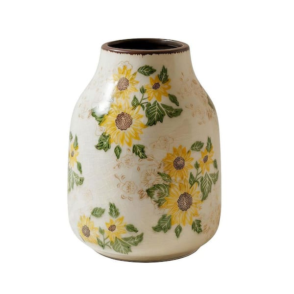 8 in. Beige Ceramic Cylinder Sunflower Floral Modern Flower