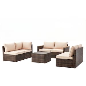 7-Piece Rattan Wicker Patio Furniture Set, Outdoor Sectional Sofa with Ottoman and Khaki Cushions