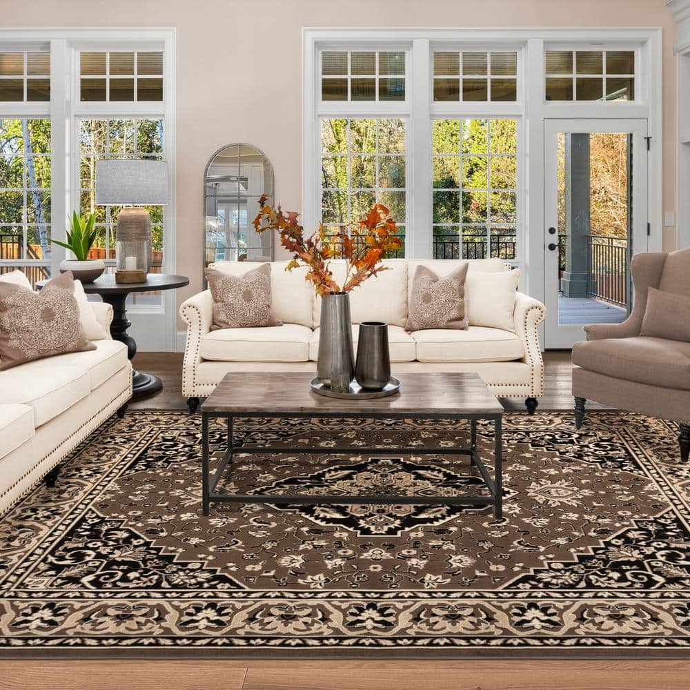 Elegant Brown Floral Medallion 6'x4' Low Pile Area Rug
