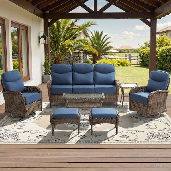 High Crescent 7-Piece Brown Wicker Patio Conversation Set with Blue Cushions and Coffee Table
