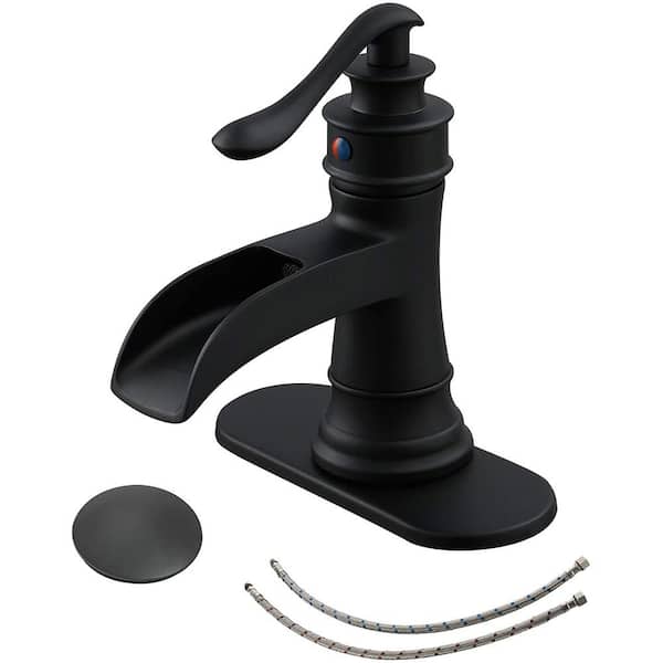 Fapully Single Handle Single-Hole Waterfall Bathroom Faucet with Pop Up Drain and Deck Plate in Matte Black