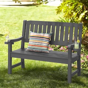 Dark Grey 2-Person Plastic Outdoor Bench with Cup Holder All-Weather HDPS Garden Bench Waterproof for Backyard