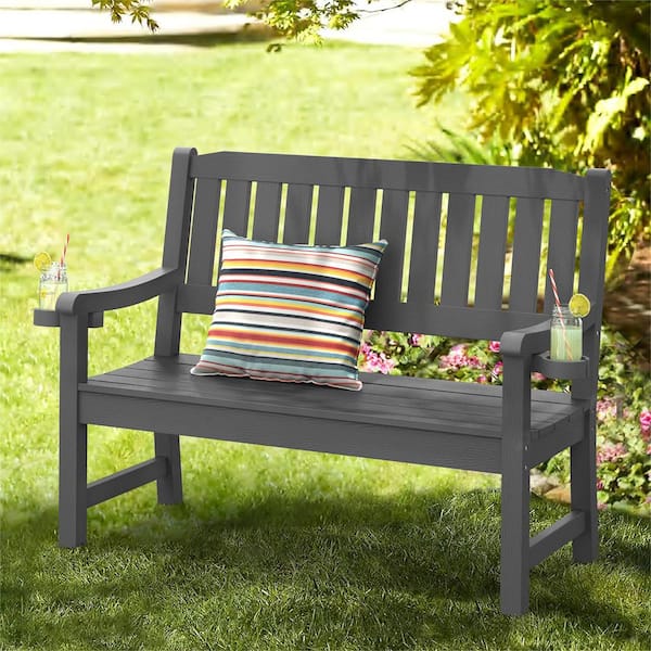 LUE BONA Dark Grey 2-Person Plastic Outdoor Bench with Cup Holder All-Weather HDPS Garden Bench Waterproof for Backyard
