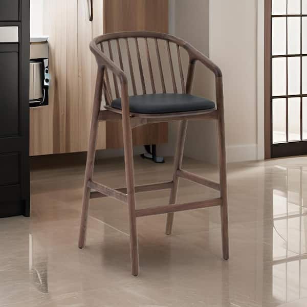 Benjara 33 in. Black and Brown Low Back Wood Frame Bar Stool with Faux Leather Seat