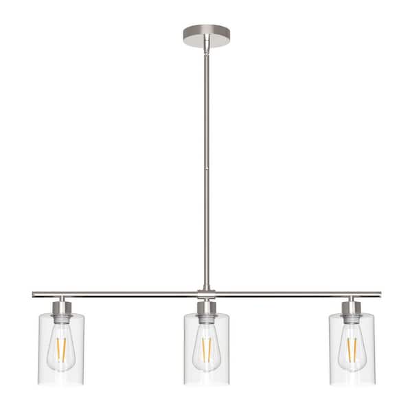 31.3 in. 3-Light Modern Brushed Nickel Linear Island Pendant Light with Clear Glass Shades, No Bulbs Included