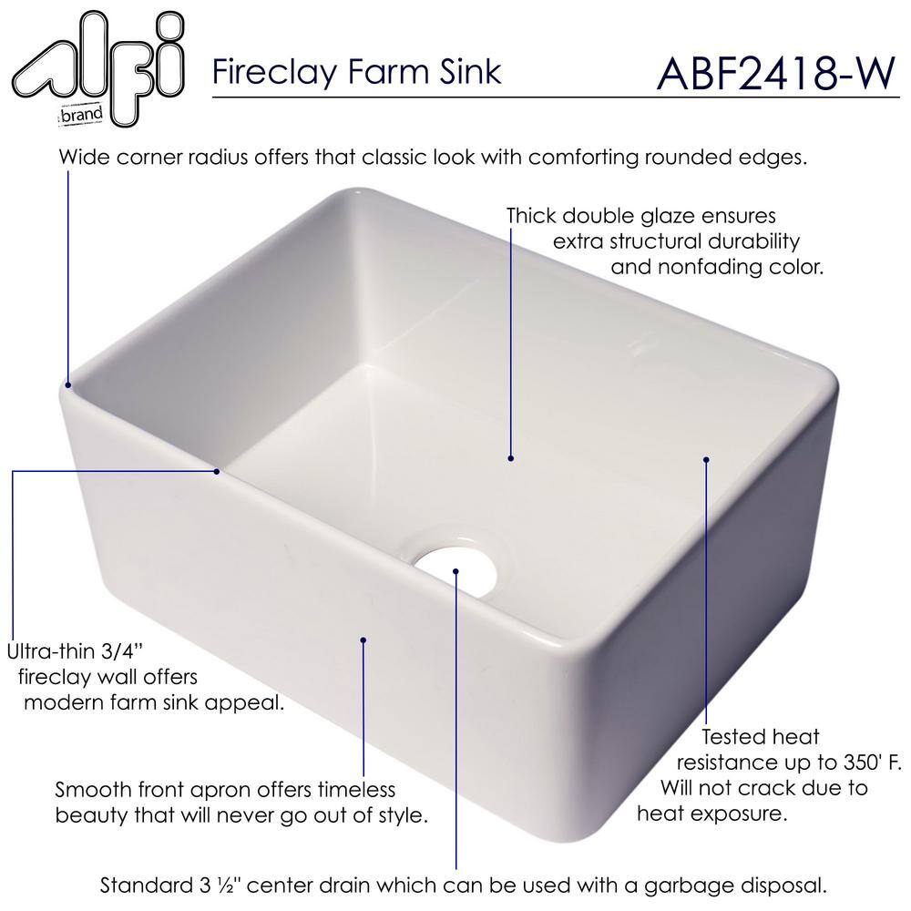 24" White Fireclay Single Bowl Farmhouse Kitchen Sink