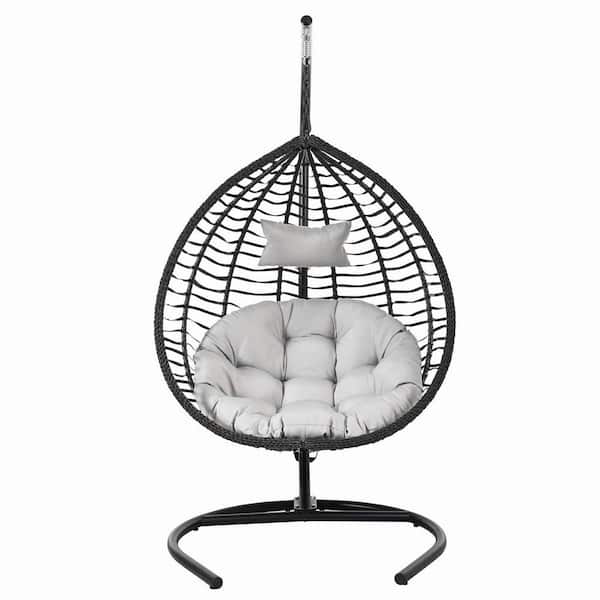 Black Metal Patio Swing Egg Chair wit...