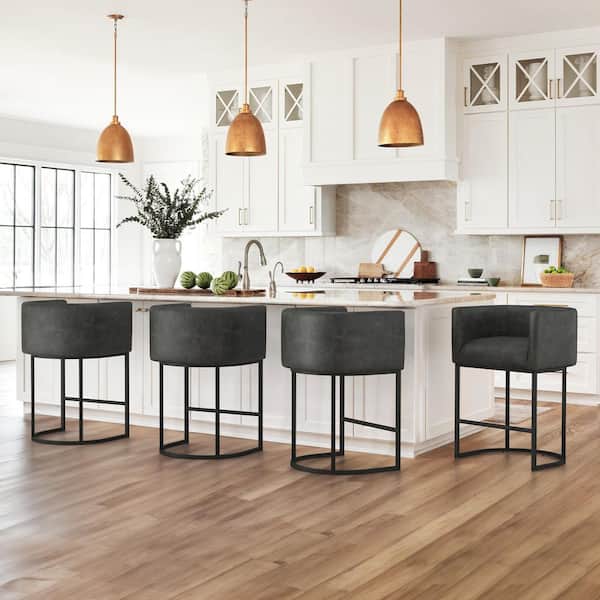 LUE BONA Jessica 26 in. Black Gray Counter Bar Stool Faux Leather Upholstered Barrel Counter Stool with Metal Frame (Set of 4)