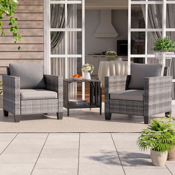 Sonkuki 3-Piece Gray Wicker Patio Outdoor Single Sofa Set Set with Side Table Gray Cushion