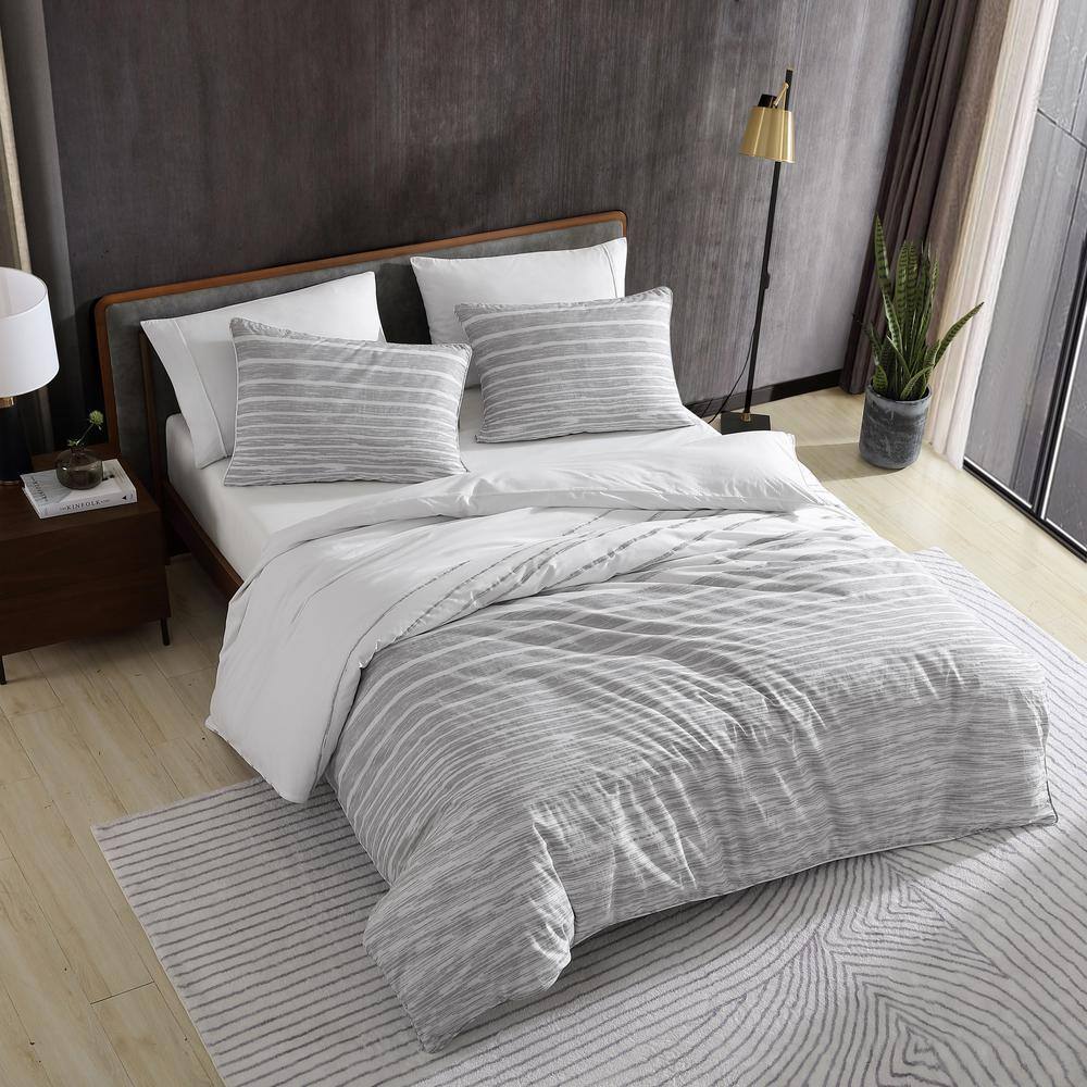 King Grey Cotton Abstract Stripe Duvet Cover Set