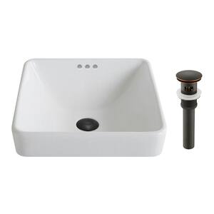 Elavo Series Square Ceramic Semi-Recessed Bathroom Sink in White with Overflow and Pop Up Drain in Oil Rubbed Bronze