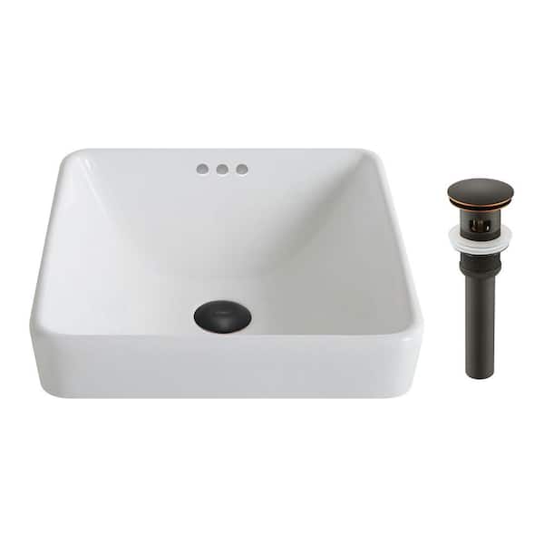 KRAUS Elavo Series Square Ceramic Semi-Recessed Bathroom Sink in White with Overflow and Pop Up Drain in Oil Rubbed Bronze