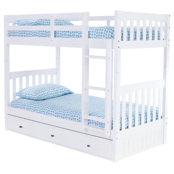 OS Home and Office Furniture Casual White Mission Painted Twin Over Twin Bunkbed with 3-Drawers