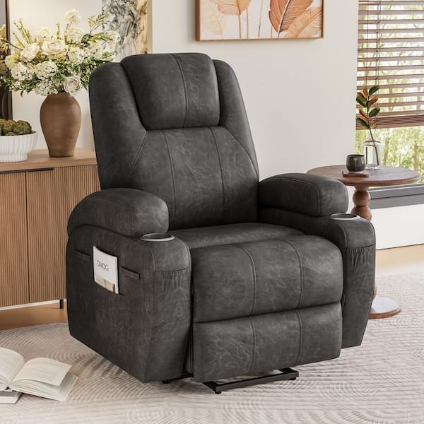 Power Lift Recliner Chair (Leathaire) with Massage for Elderly Ergonomic, Recliner with 2-Cup Holders Side Pockets Black