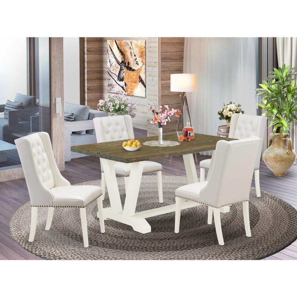 5-Piece Natural Oak Finish Solid Wood Top Dining Table with 4 Upholstered Chairs with Lattice Back