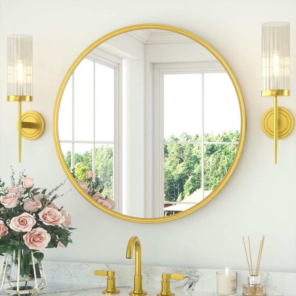 28 in. W x 28 in. H Round Metal Brass Gold Framed Modern Wall Mounted Bathroom Vanity Mirror Wall Mirror price history on PriceWatchPro