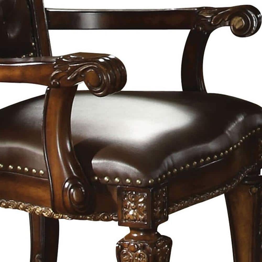 Handcrafted Brown Leather and Wood Floral Accent Chair