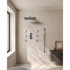 Temperature Display Double Handle 3-Spray 12 in. Wall Mount Shower Faucet 2.5 GPM with Body Spray in Brushed Nickel