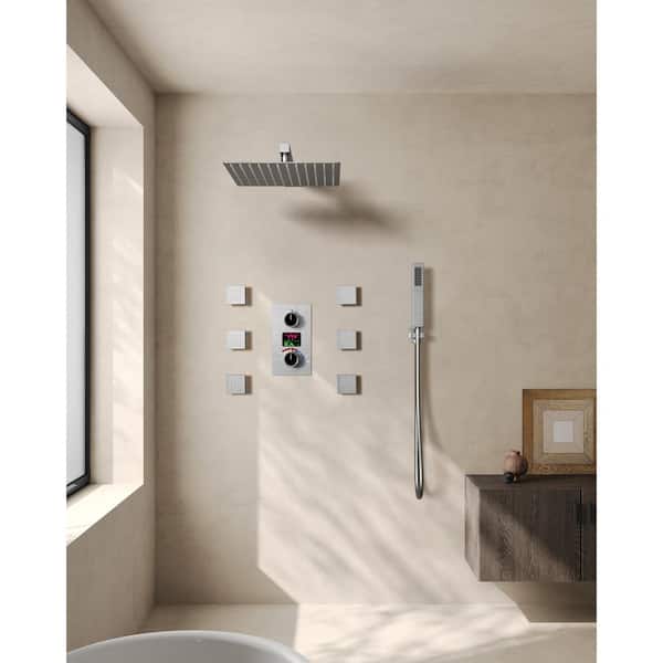 Temperature Display Double Handle 3-Spray 12 in. Wall Mount Shower Faucet with Body Spray in Brushed Nickel