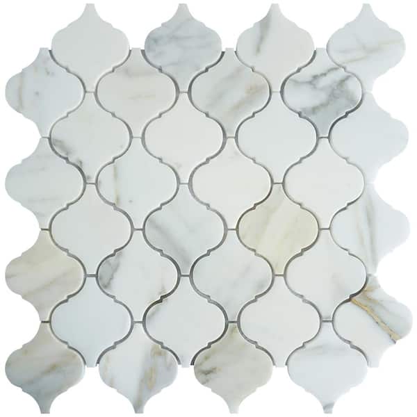 MOLOVO Natural Carrara Gold 12.01 in. x 12.21 Arabesque Polished Marble Mosaic Tile Sample