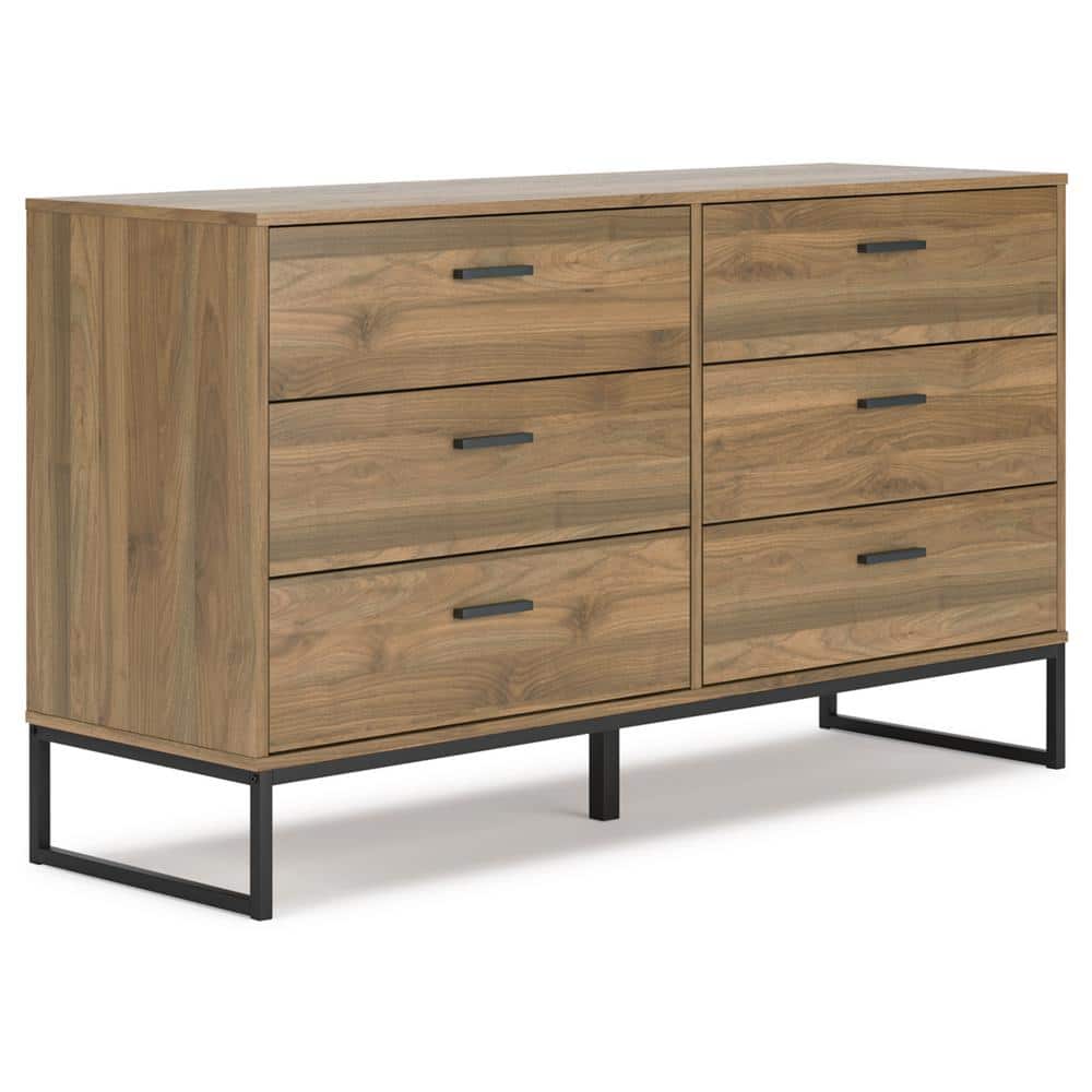 Honey Brown Mid-Century Modern 6-Drawer Dresser with Metal Legs