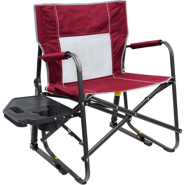Metal Outdoor Rocking Chair Side Table Camping Chair Portable Folding Rocking Chair with Solid Durable Armrests-Red