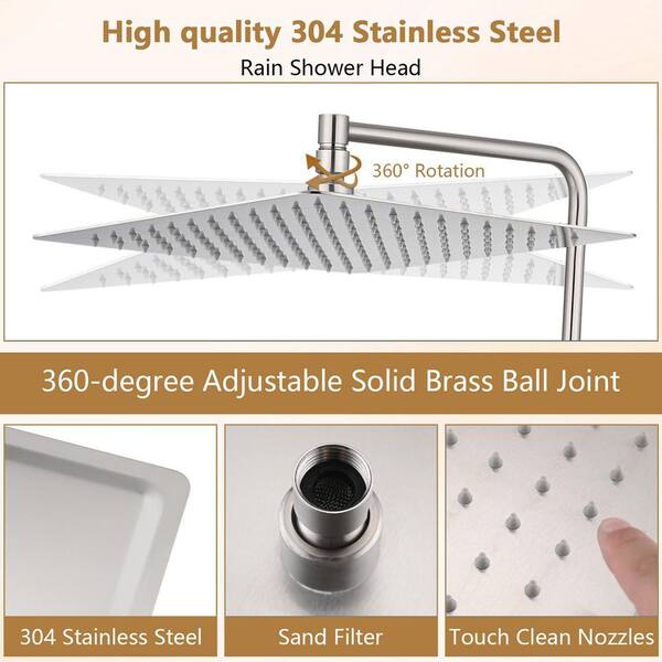 12 in. Square Wall Mount with Adjustable Extension Arm Rain Fixed Shower Head with 2.0 GPM in Brushed Nickel