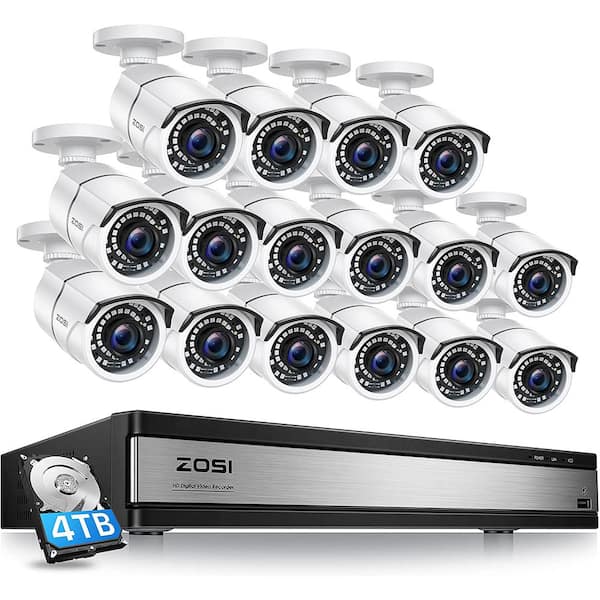 ZOSI 16-Channel 1080p 4TB Hard Drive DVR Security Camera System with 16 Wired Bullet Cameras, White