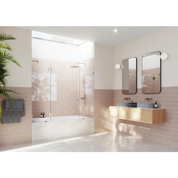 Stellar 70.5 in. W x 58.25 in. H 3-Glass Hinged Frameless 3-Panel Inline Tub Door in Brushed Bronze with Clear Glass