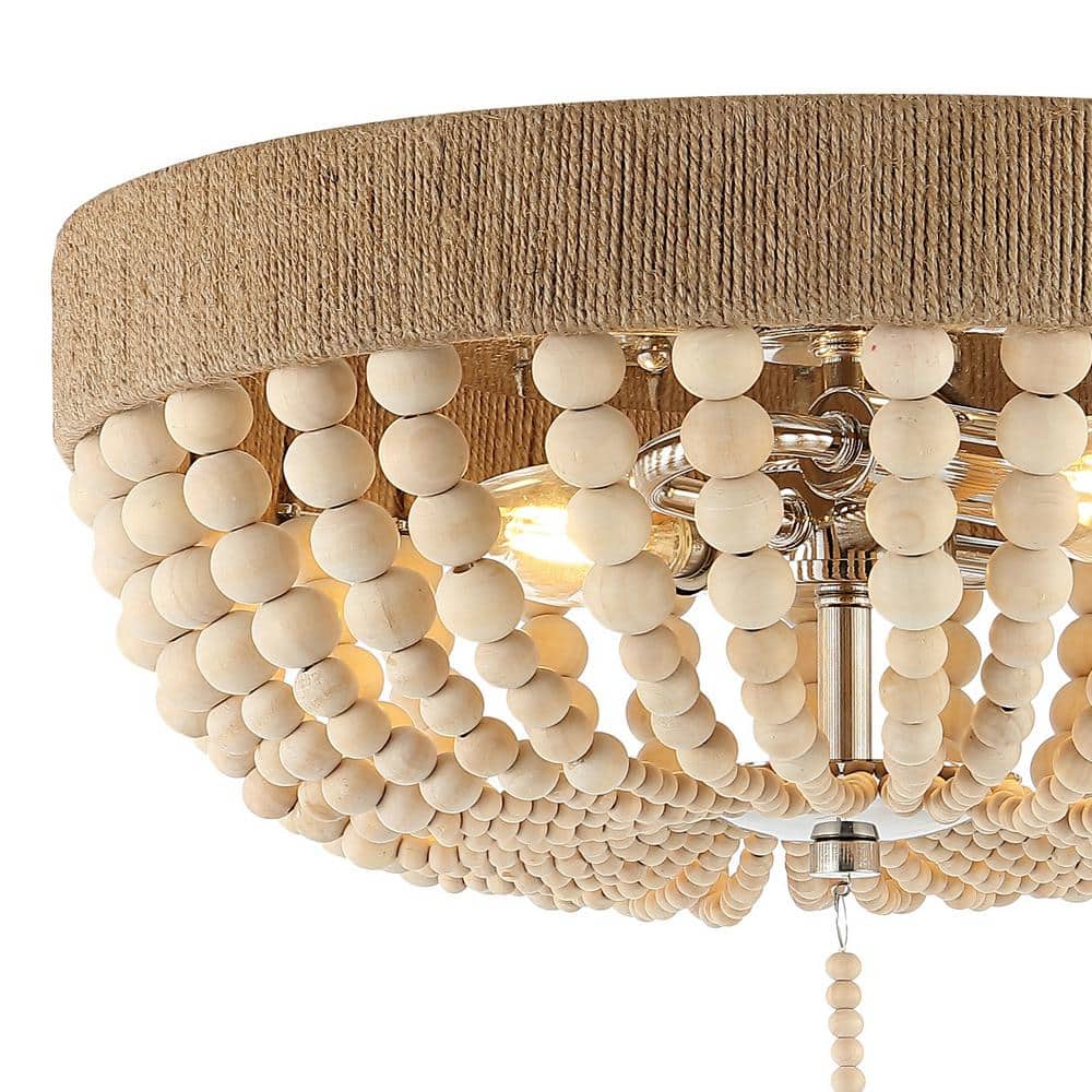 Rustic Farmhouse 14" Chrome Drum LED Flush Mount with Wood Bead Shade