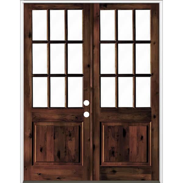Krosswood Doors 72 in. x 96 in. Craftsman Knotty Alder Wood Clear 9-Lite Red Mahogony Stain Left Active Double Prehung Front Door