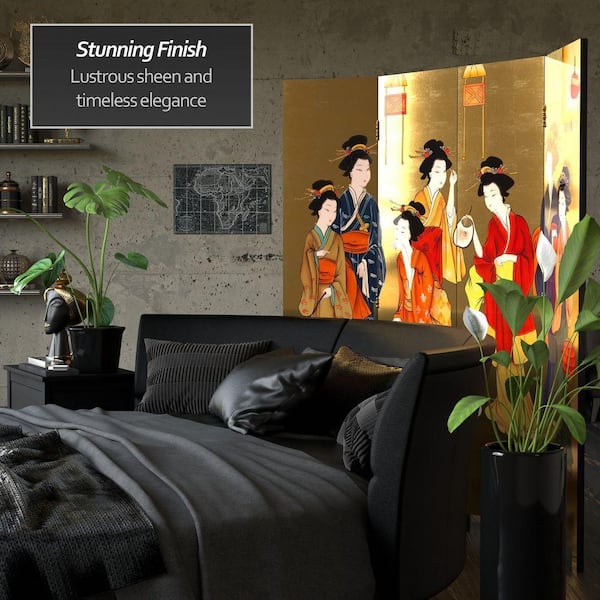 Red Lantern 6 ft. Gold 4-Panel Geisha Room Divider L3-WFS-4-GL-GSH