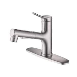 Single Handle Single Hole Pull Out Bathroom Faucet with Deckplate Stainless Steel Bathroom Sink Taps in Brushed Nickel