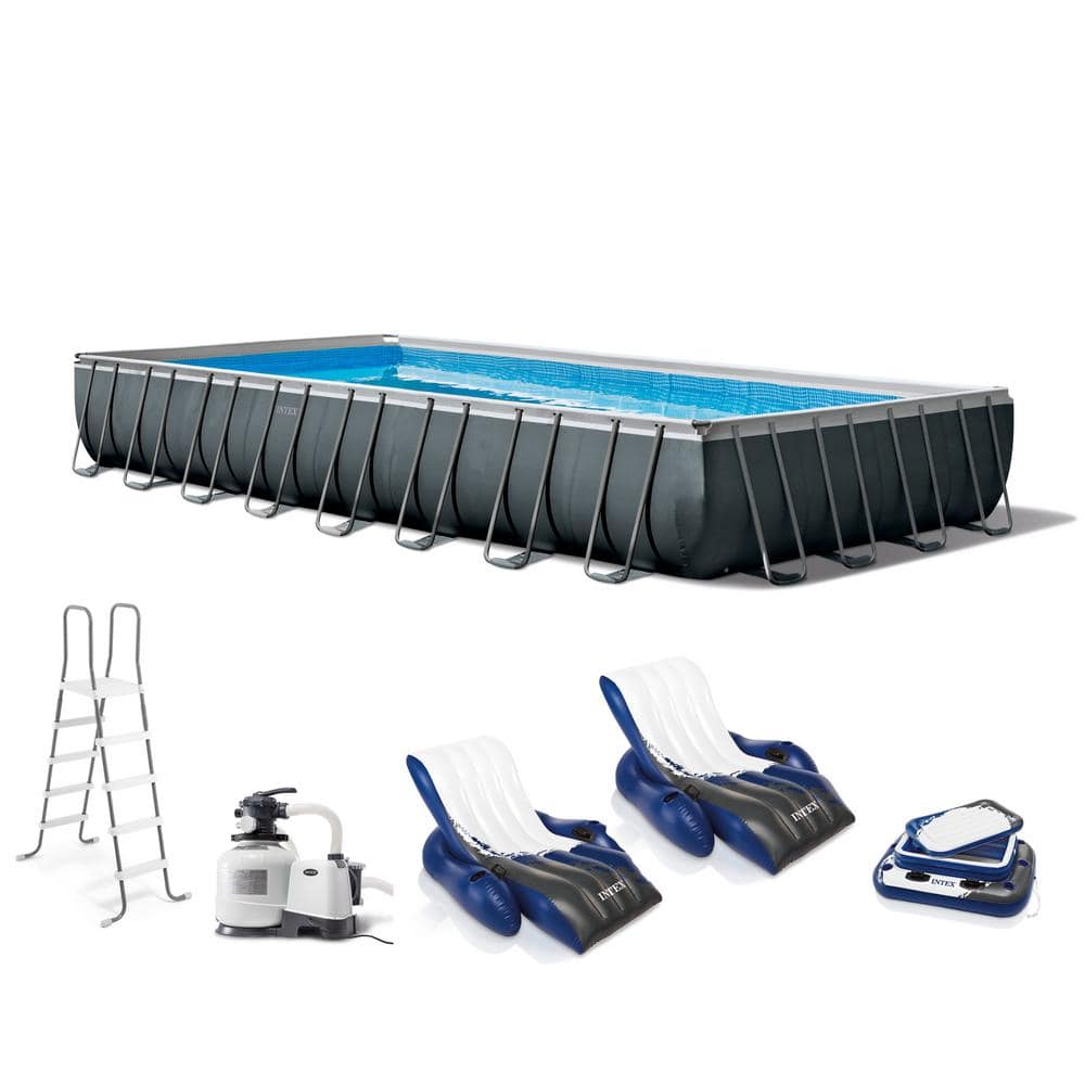 INTEX 32 ft. x 16 ft. x 52 in. Ultra XTR Rectangular Pool, Floats & Cooler (2-Pack), Gray -  141259