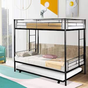 Black Modern Twin Over Twin Bunk Bed with Trundle with Metal Frame & Guard Rails Bed Frame Can be Divided into 2 Bed