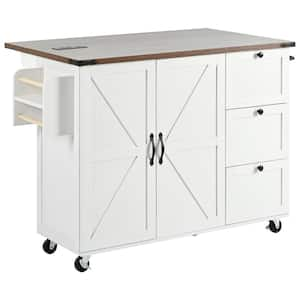 White Wood 54.50 in. Kitchen Island with Drawer,Drop Leaf,Power Outlet, Lockable Wheel, Spice Rack, Towel Rack, Cabinet