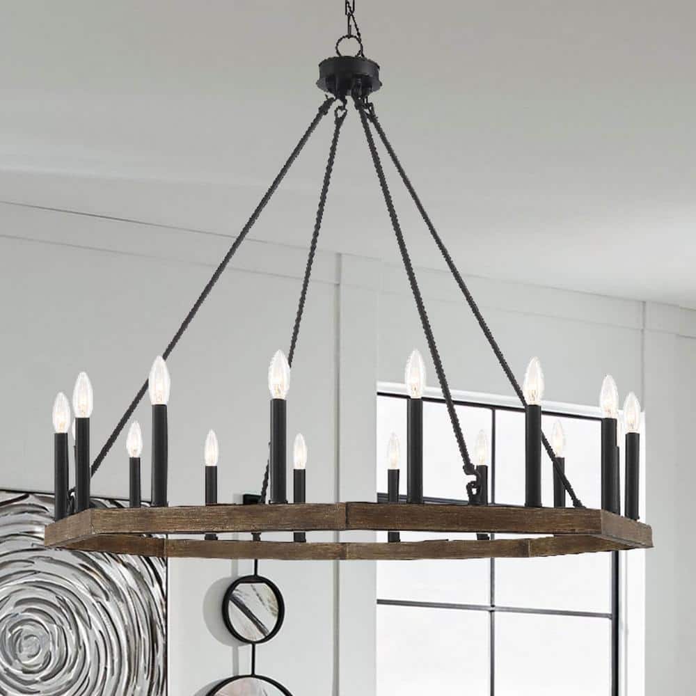 Octagonal Modern Black Metal 16-Light Wagon Wheel Chandelier