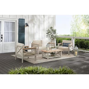 Coral Crest Weathered Light Teak 4-Piece Wood Patio Conversation Set with Beige Cushions