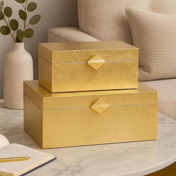 Set of 2 Decorative Wooden Storage Boxes with Gold Accent for Jewelry, Keys & Home/Office Decor, Gold, 13.25 in. W