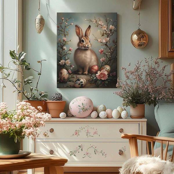 16X20 inch Bunny with Easter Eggs Frame painting, Spring Rabbit