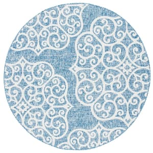 Courtyard Navy/Gray 7 ft. x 7 ft. Distressed Floral Medallion Indoor/Outdoor Patio  Round Area Rug